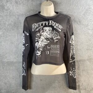 Betty Boop Graphic Long Sleeve Mesh Crop Top Y2K Gray Tattoo Style Small
